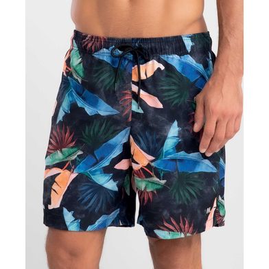 Short Praia Estampa Folhagem Escura Preto P
