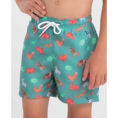 Short Praia Infantil Estampado Origami Verde Médio P