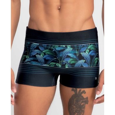 Sunga Boxer Estampada Folhagem Plus Size Preto 01 XXGG