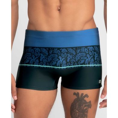 Sunga Boxer Estampa Folhagem com Listra Hang Loose Azul Marinho P