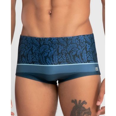 Sungão Estampado Folhagem com Listra Hang Loose Azul Marinho P
