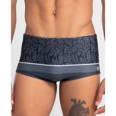 Sungão Estampado Folhagem com Listra Hang Loose Cinza Chumbo P