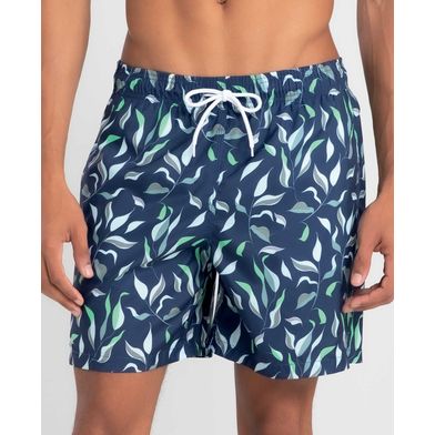 Short Praia Estampado Ramos Eucalipto Plus Size Azul Marinho XXGG