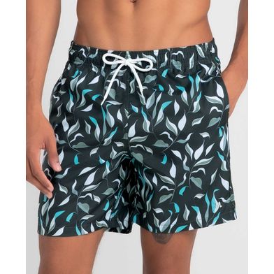 Short Praia Estampado Ramos Eucalipto Plus Size Cinza Chumbo XXGG